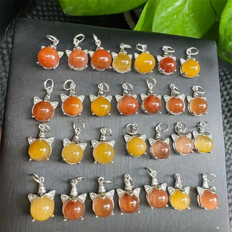 S925 Natural Rabbit Hair Quartz Sphere Cat Head Carving Safety Buckle Pendant Healing DIY Necklace Fashion Jewelry Gift 1pcs