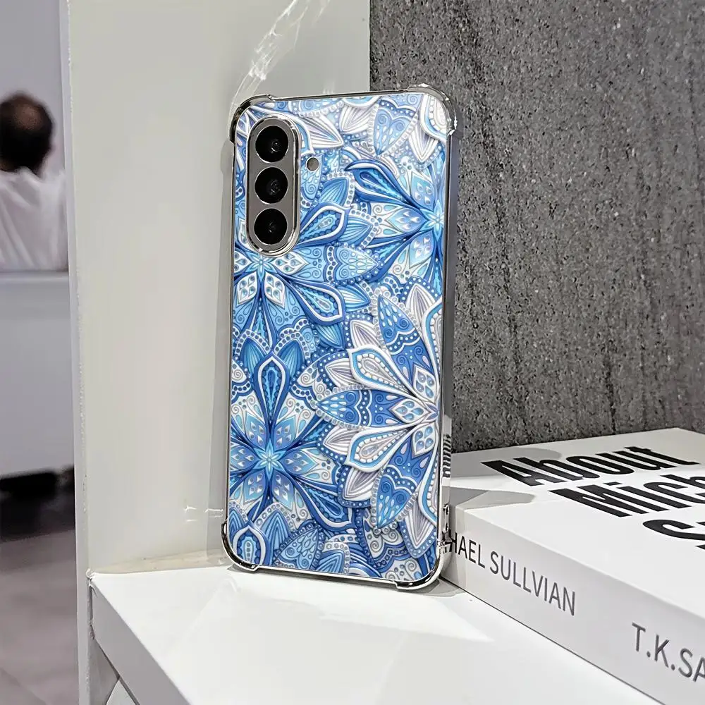 Blue white retro flowers s26 ultra s25 ultra glass phone case for Samsung Galaxy S26 S25 S24 S23 S22 FE,Ultra,Plus Dropresistant