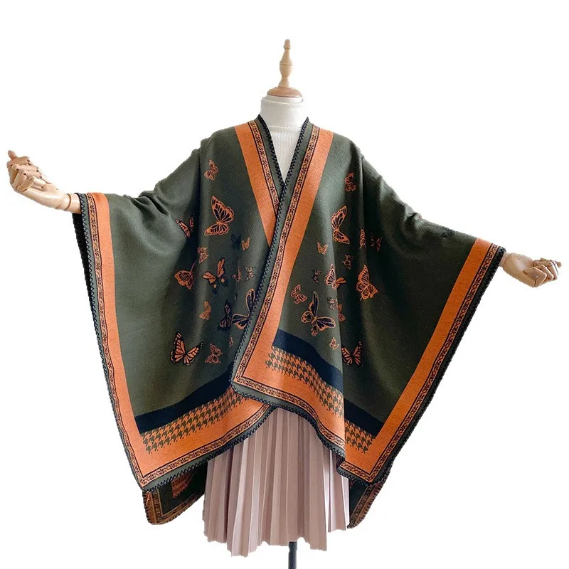 Autumn and Winter New Ethnic Warm Imitation Cashmere Scarf Women Double-sided Butterfly Thickened Scarves Shawl Cape Outside