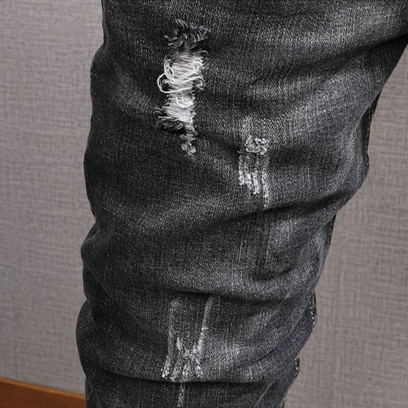 Fashion Designer Men Jeans Retro Black Gray Slim Fit Stretch Ripped Jeans Men Hole Trousers Vintage Casual Denim Pants Hombre