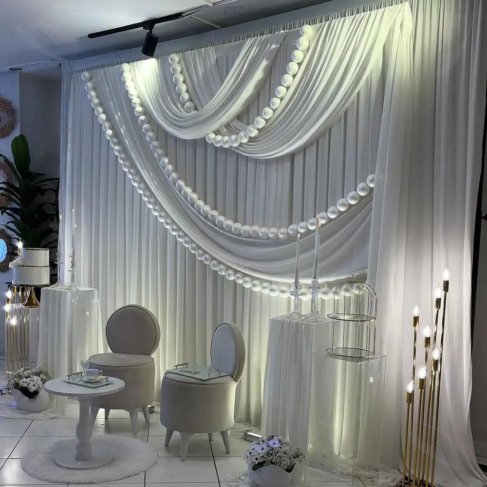 FSDKX Professional Modern Style White Ice Silk Cloth Wedding and Birthday Party Stage Backdrop Party Backdrop Curtain Drapery