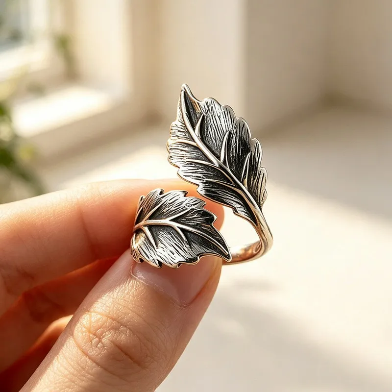 VENTFILLE 925 Sterling Silver Retro Old Craft Leaves Index Finger Ring For Women Versatile Party Gift Jewelry New Trendy