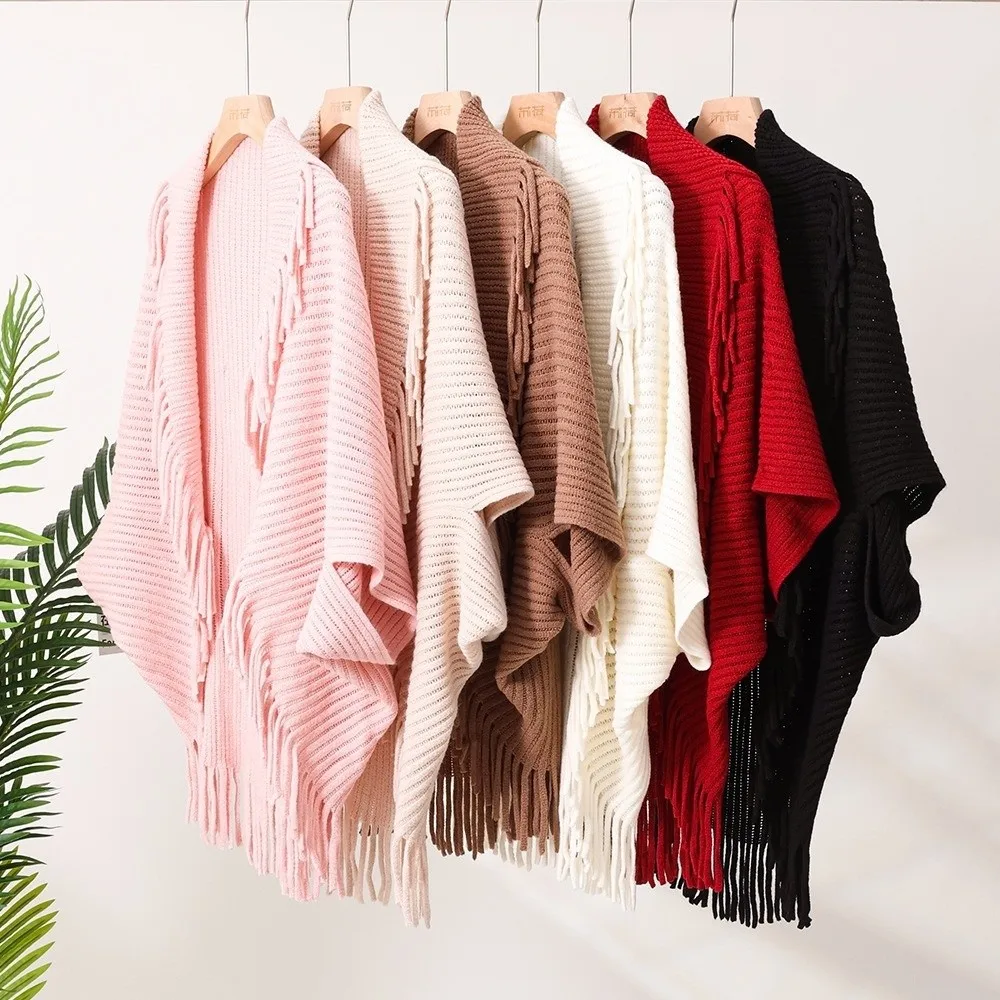 

Fashion Fringe Women's Shawl V-neck Loose Fit Knit Shawl Mid-Length Soft Knitted Cardigan Mom Gift