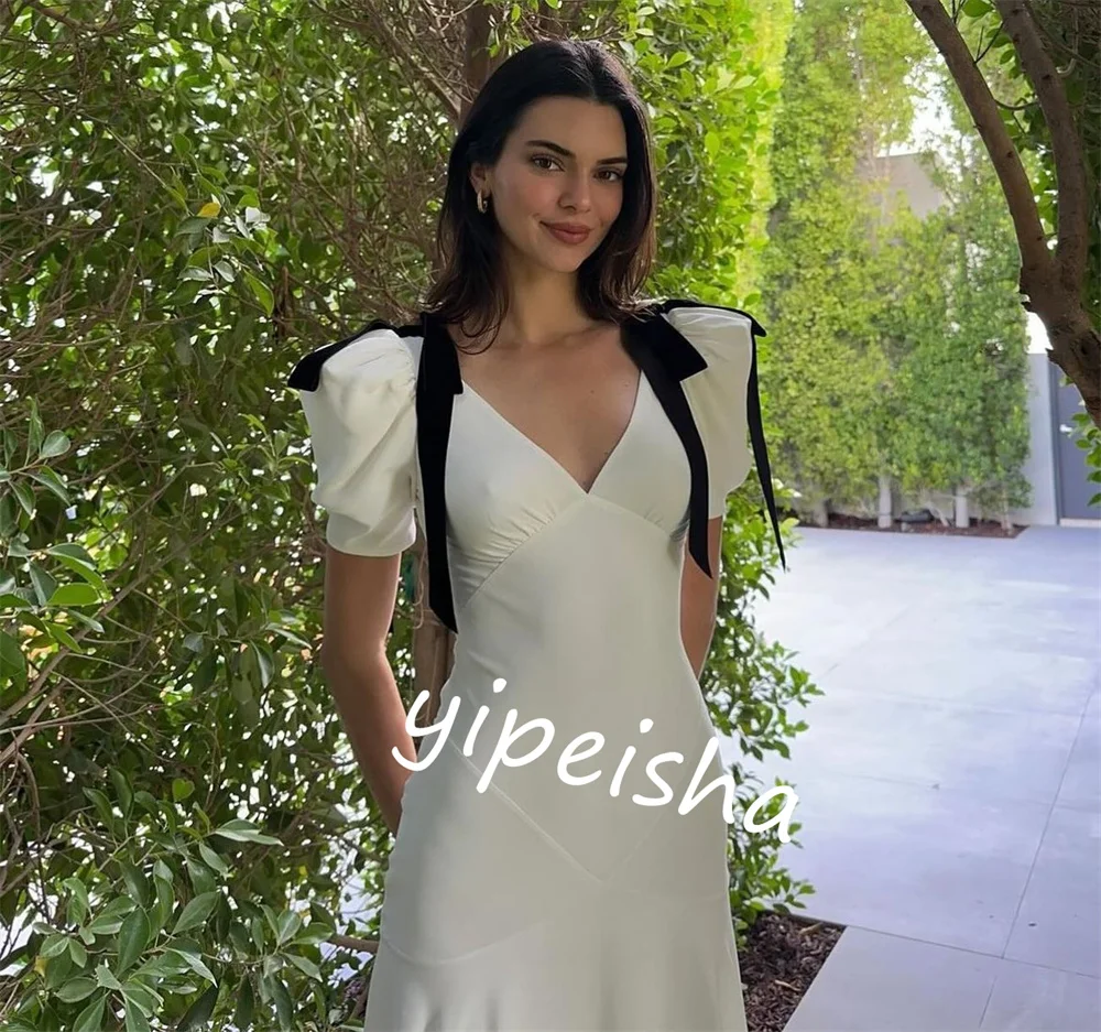 Jiayigong Charmeuse Bow Ruched Engagement Sheath V-neck Bespoke Occasion Gown Midi Dresses Saudi Arabia