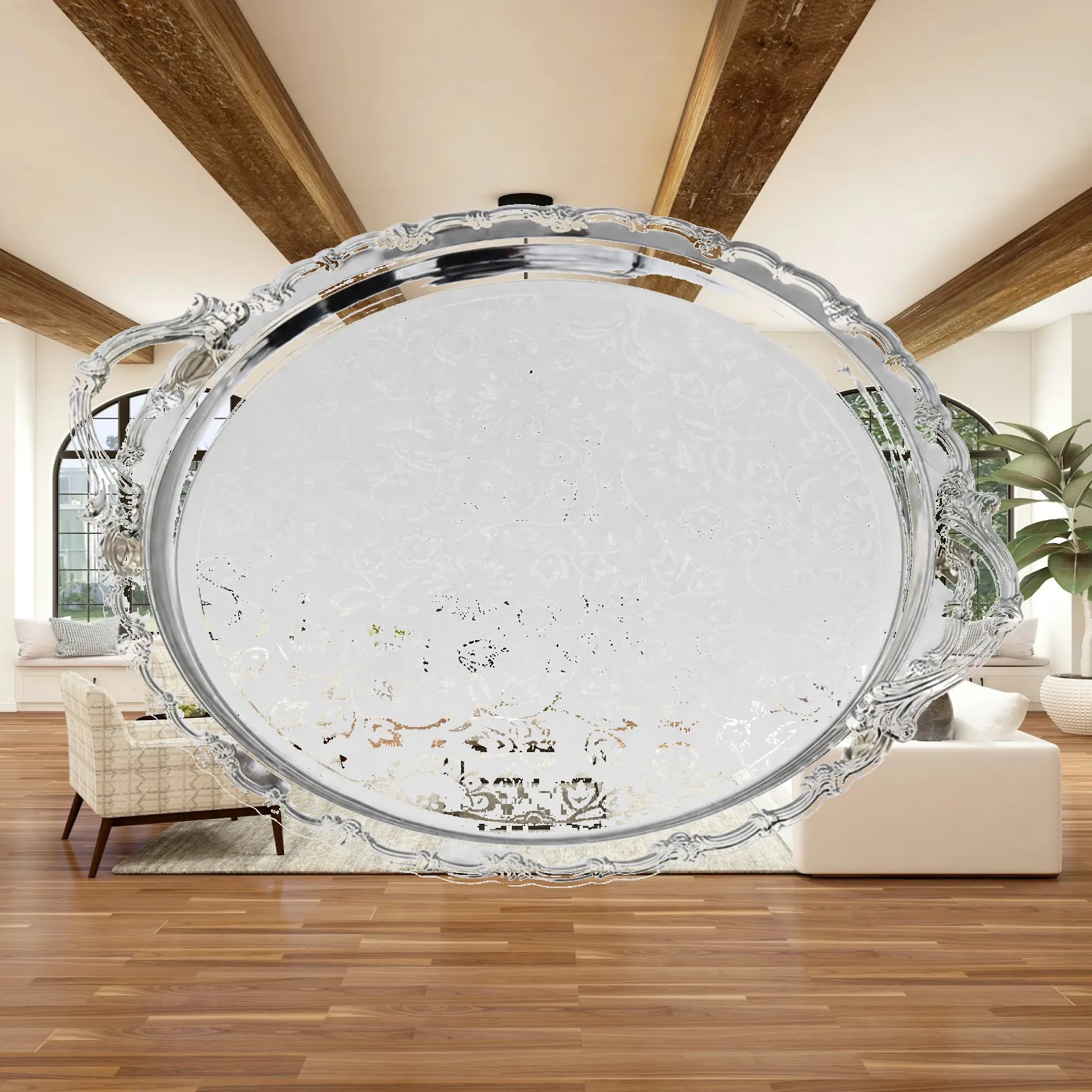 Handled Metal Serving Tray Polished Silver Floral Pattern for Tea Coffee Dessert Presentation Home Accent