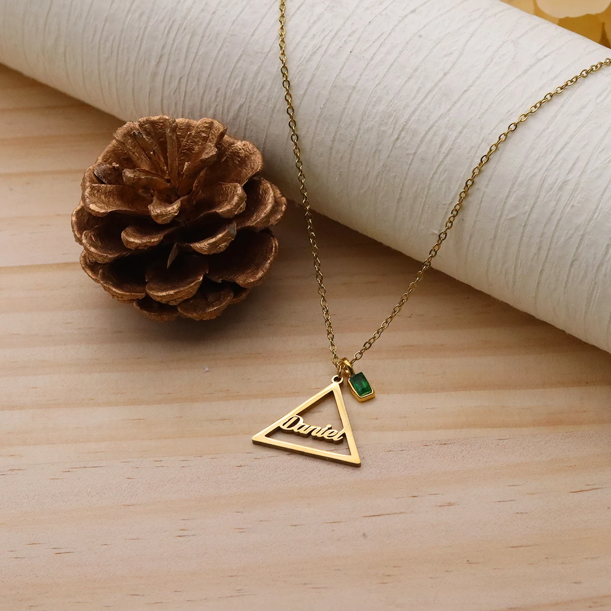 QIAMNI Stainless Steel Geometric Triangle Pendants Choker Custom Name Green Birthstone Chain Necklaces Jewelry Birthday Gift