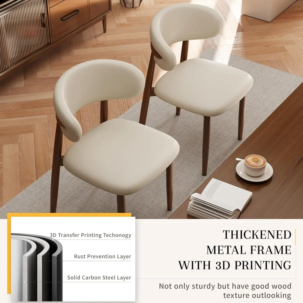 Zestaw 2 nowoczesnych krzeseł do jadalni, tapicerowanych skórą, w stylu rustykalnym, z metalowymi nogami, nogi w kolorze orzecha/w kolorze beżowym