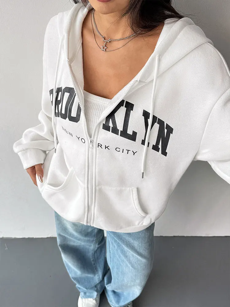 가을 여성 코트 후드티 스트리트웨어 패션 긴 소매 포켓 지퍼 레이스업 프린트 코트 여성 캐주얼 슬림 다용도 의류