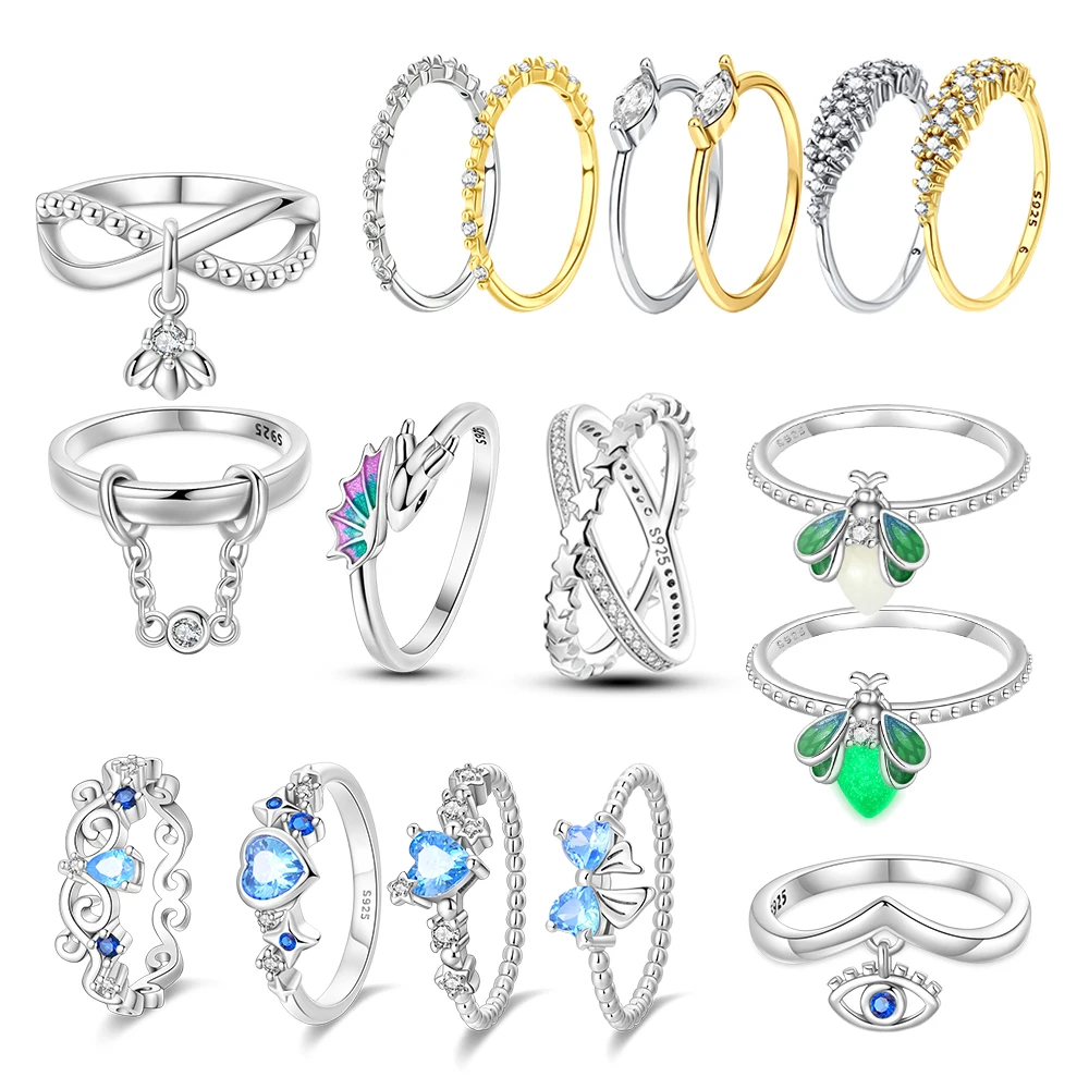 

Exquisite 925 Sterling Silver Firefly Star Moon Bowknot Starfish Geometry Flowers Hearts Ring Classic Matching Gifts