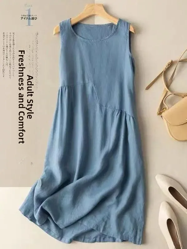 Casual Cotton Linen Sleeveless Vest Long Skirt Summer New Loose Mom Clothes Elegant Slimming Midi Dress Daily Wear A-Line Skirt