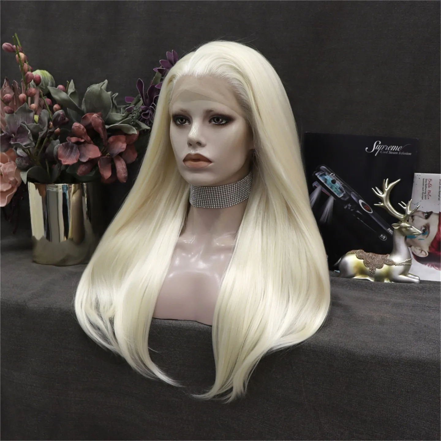 

Pure White Blonde Silky Straight Synthetic Hair Wigs for Women Top Quality Soft Glueless Long Lace Front Wigs Natural Hairline