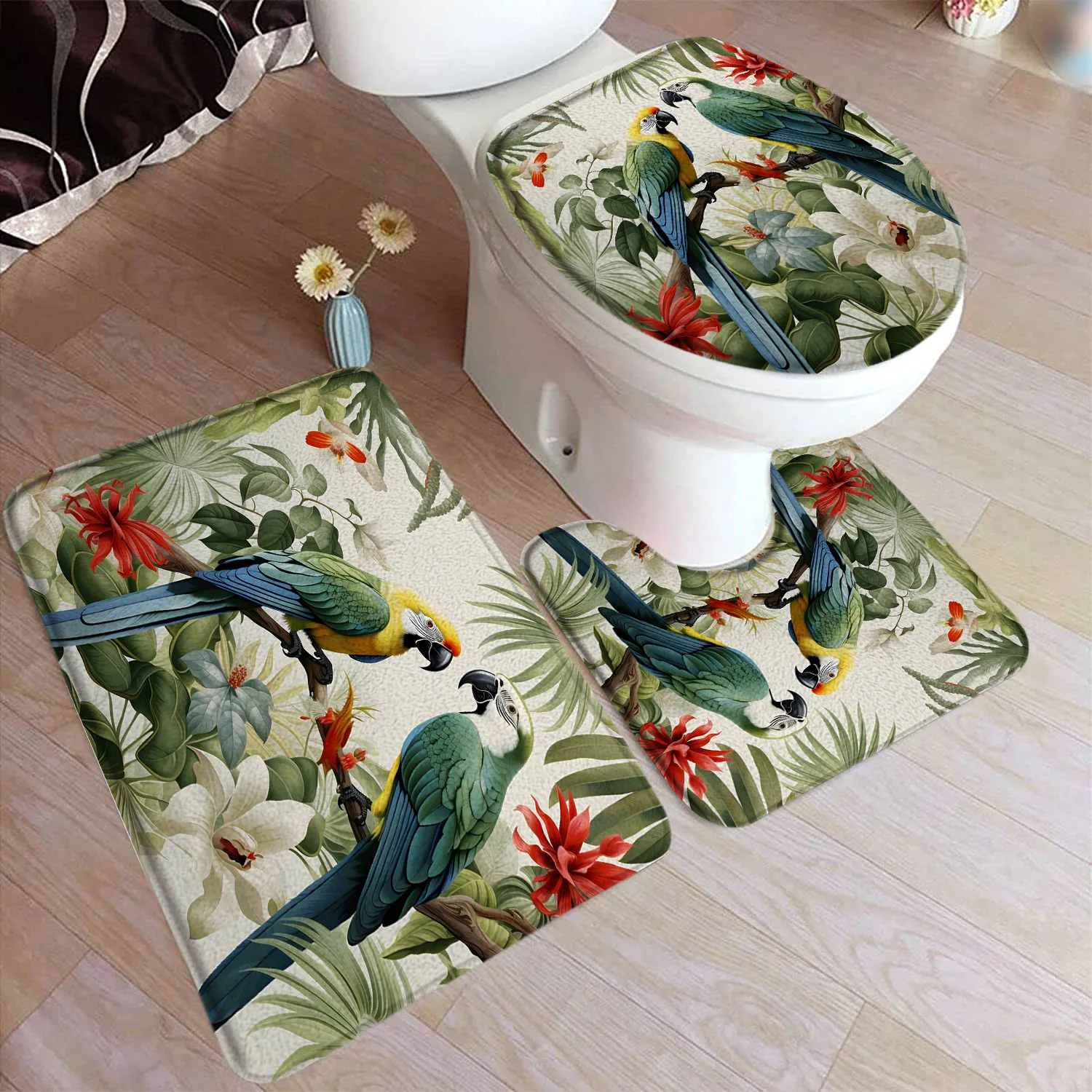 Green Hummingbird Bath Mat Set White Flowers Plant Butterfly Birds Rustic Scenery Home Carpet Bathroom Decor Rugs Toilet Cover