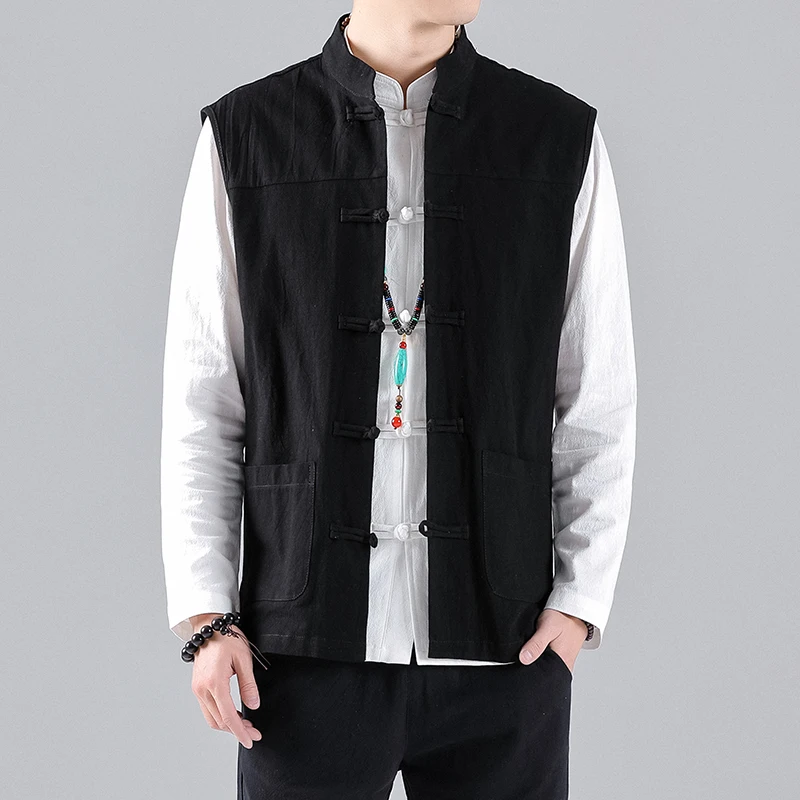 2023Summer Autumn Men Chinese Style Vests Vintage Linen Vests Mens Sleeveless Hanfu Cardigan Male Harajuku Open Stitch Waistcoat