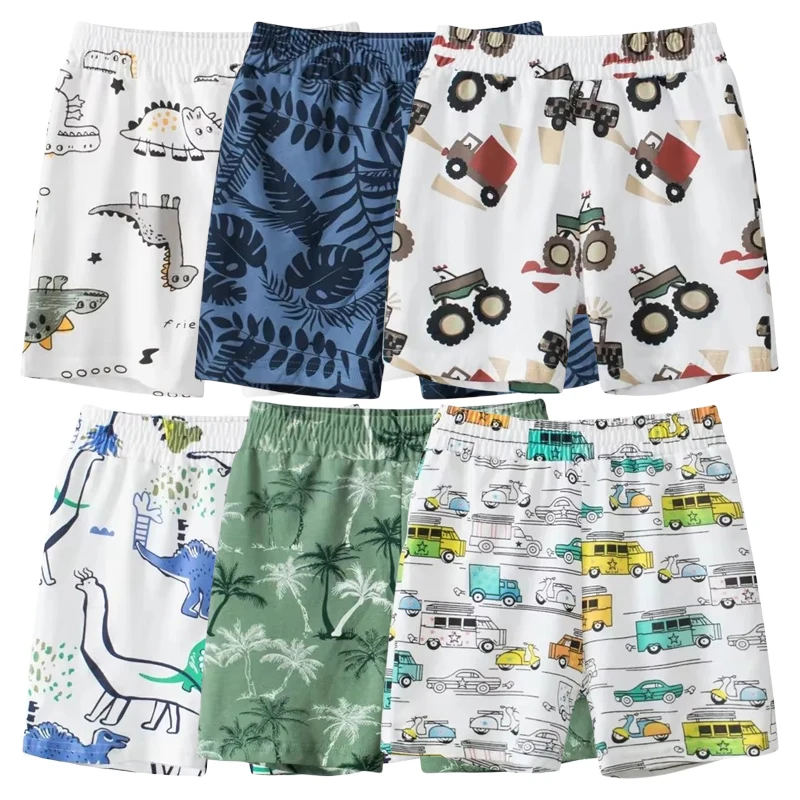 2024 Summer New Casual Beach Shorts for Boys Coconut Tree Dinosaur Short Pants Children\'s Striped Car Elastic Waist Kids Shorts