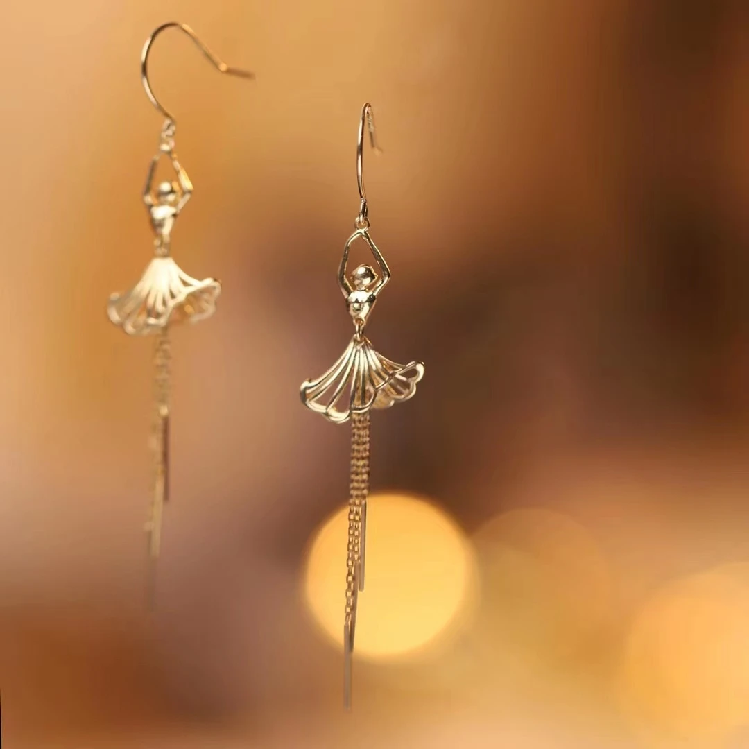 

Ballet Dancer Earrings 18K Gold Import Solid Yellow Real Gold Jewelry (AU750) For Women Tassel Earring Geometric Fashion Lady