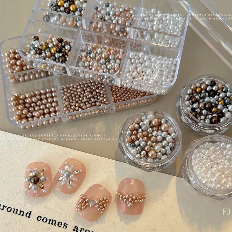 [YU]Nail Charms Pearl Decorations Mixed Sizes Colorful Bag DIY Wearable Nails Round Pearls Nail Gems Crafting