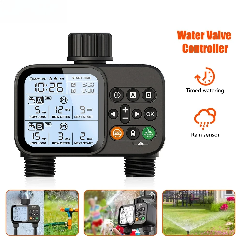 Smart 2-Outlet Water Irrigation Timer, Backlit LCD with Rain Sensor, Automatic Garden Outdoor Watering Controller