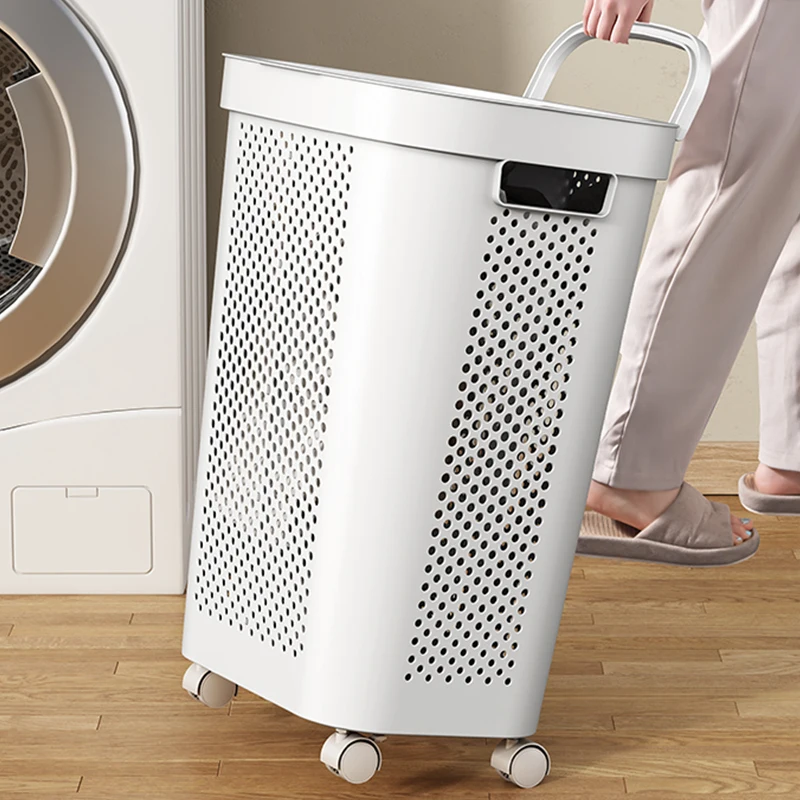 Covered Multi-section Laundry Bin Ventilated Bath Clothes Organizer Wide-mouth Design Portable Handle Classified Storage