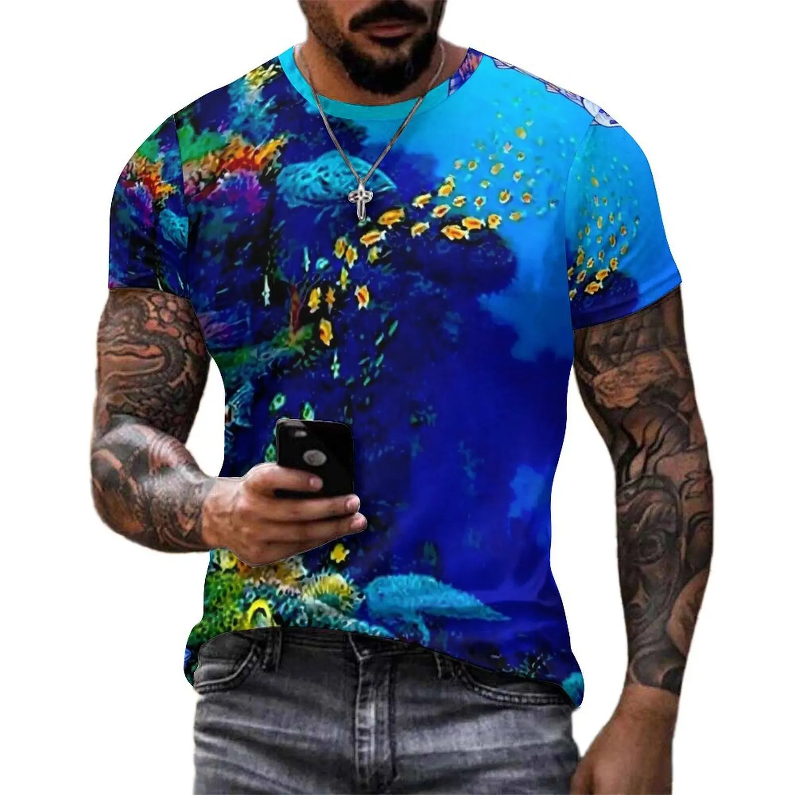 Plus Size T Shirt Summer Tropical Marine T Shirts Deep Blue Sea Y2K Fun O Neck Tshirt Man Trendy Custom Top Tees