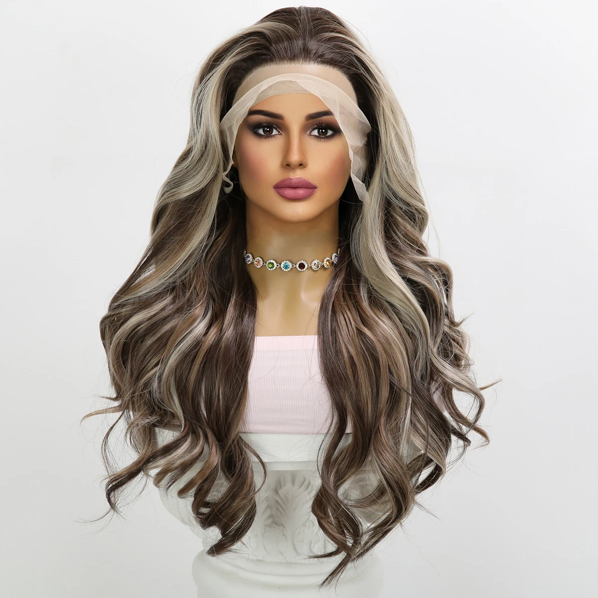 

Handmade Lace Lolita Party Daily Cos Brown Wig Gold Women's Wig Highlight Dyed Large Wave Imported Silk Women's Wig