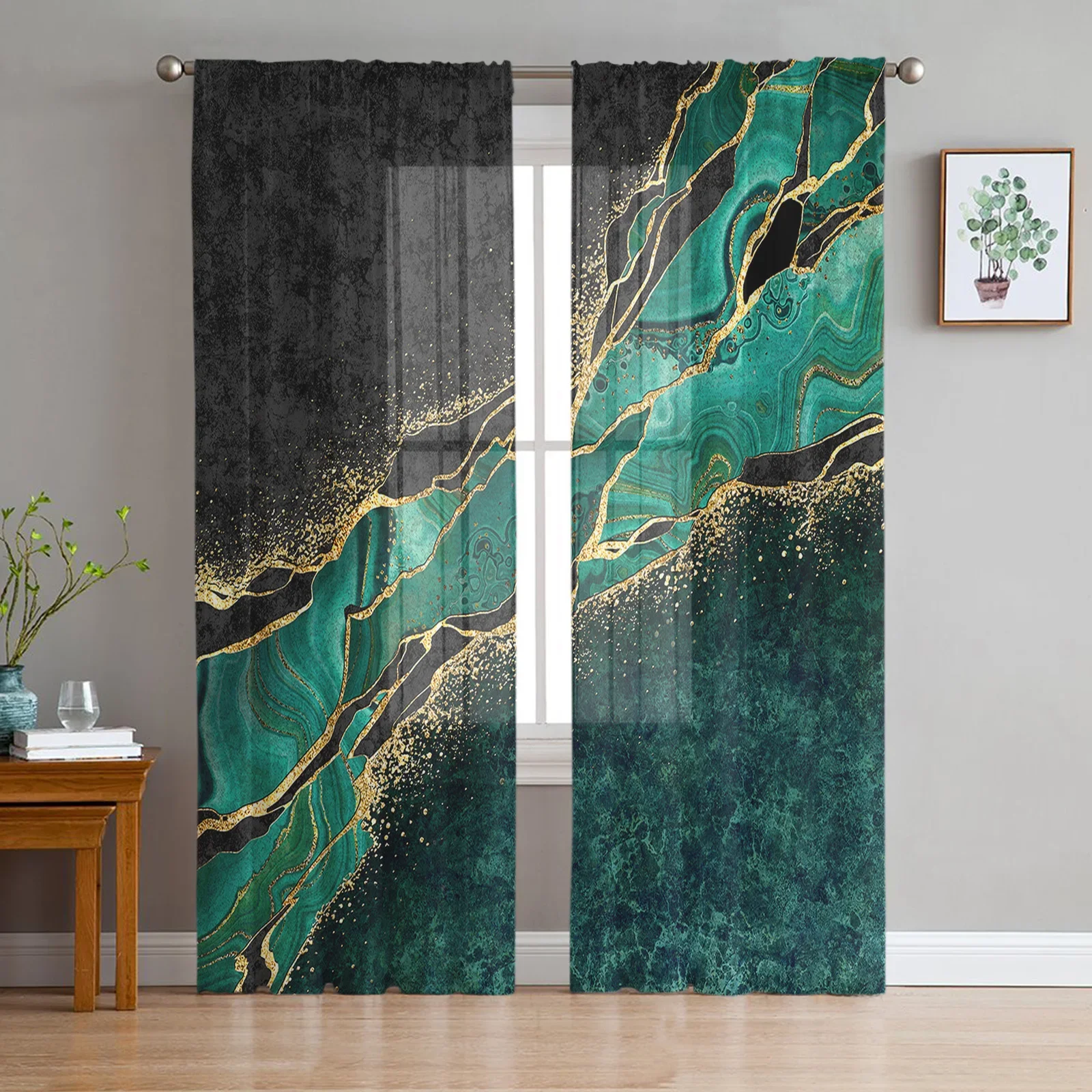 Abstract Black Marble Green Malachite Tulle Curtains Living Room Kitchen Window Decoration Chiffon Voile Sheer Curtain