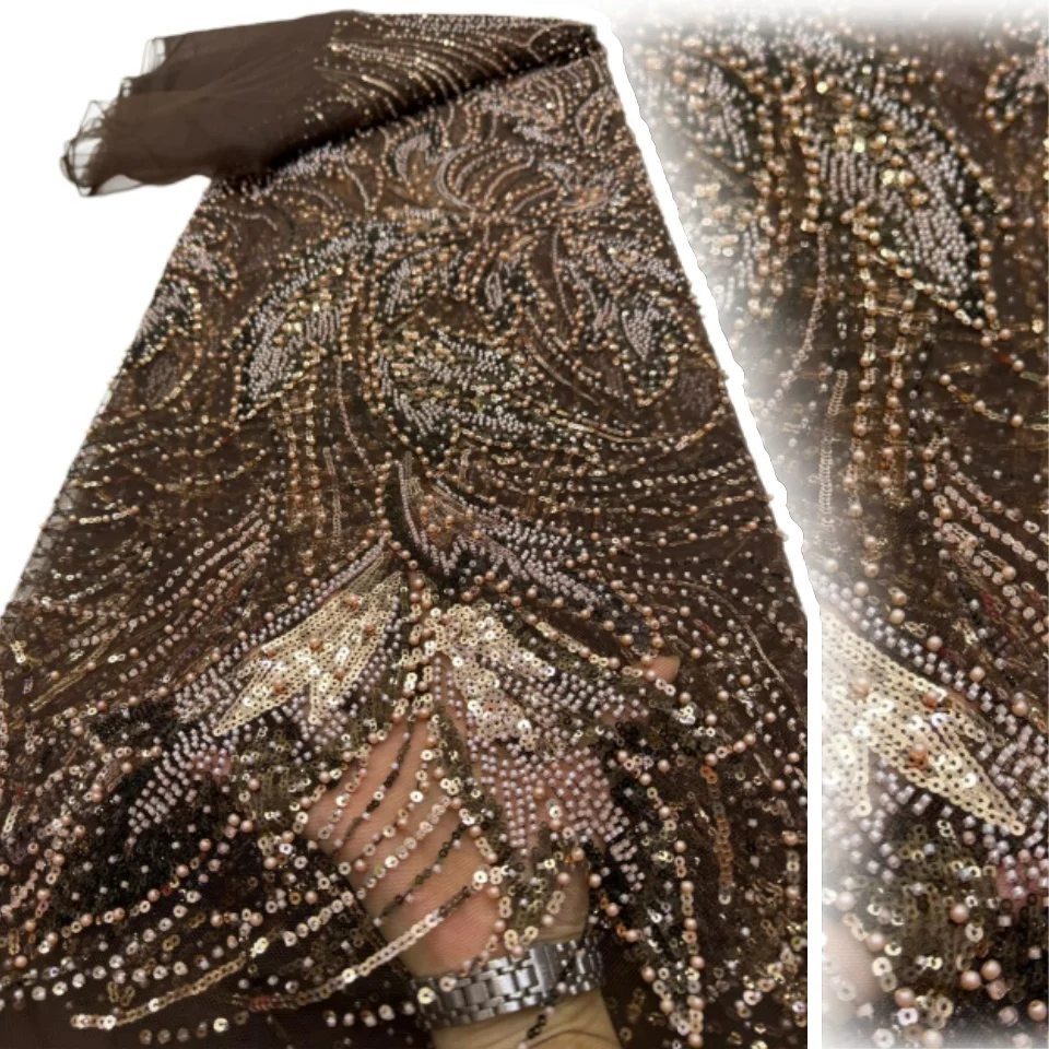 

High Quality Nigerian Beaded Lace Fabric 5 Yards End African Sequins Embroidery Tulle Lace For Wedding Party Dress Sewing 2719