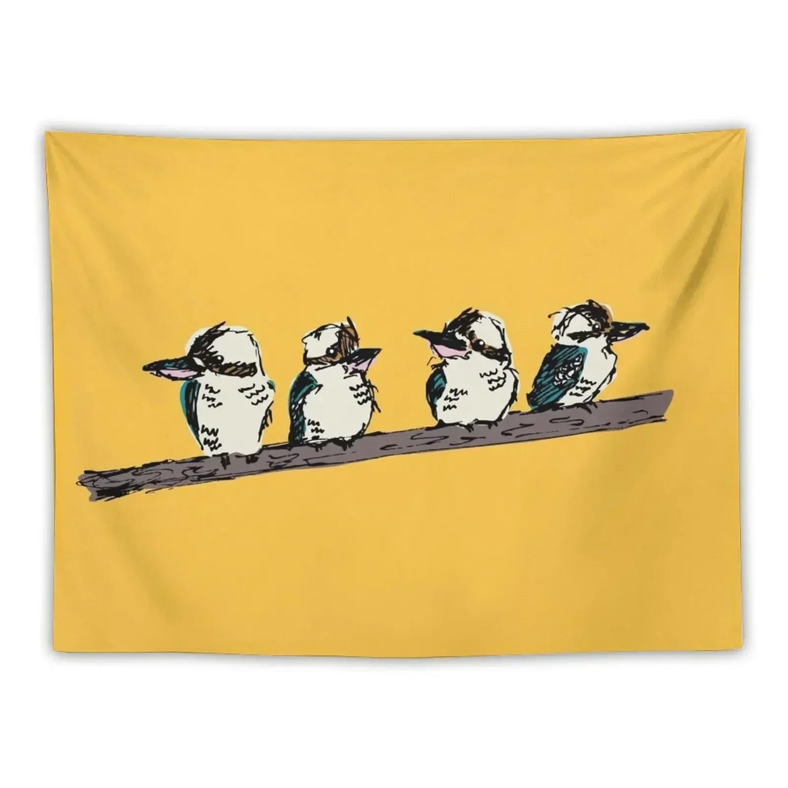 

Group of 4 kookaburras on a branch - yellow Tapestry Japanese Room Decor Funny Tapestry