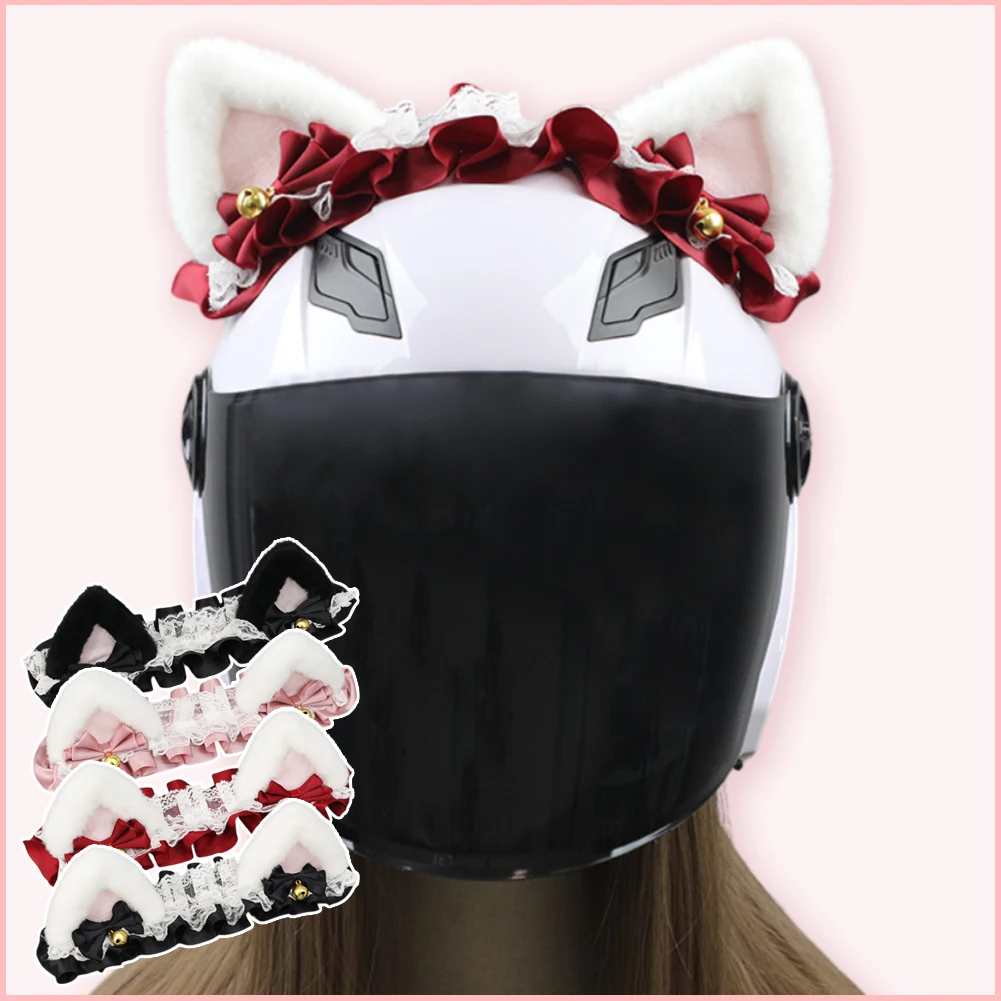 Girls Motorcycle Helmet Decoration Cute Furry Kitten Ears Hair Lace Ribbon Soft Plush Ears Bike Ski Cycling Helmet Sticker