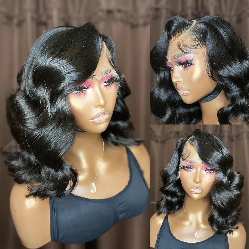 13x6 Body Wave 200 Dichtheid Korte Bob Frontale Pruiken Braziliaans Maagdelijk Haar HD Transparant Kant pruik Pre geplukt 100% Menselijk Haar Pruik