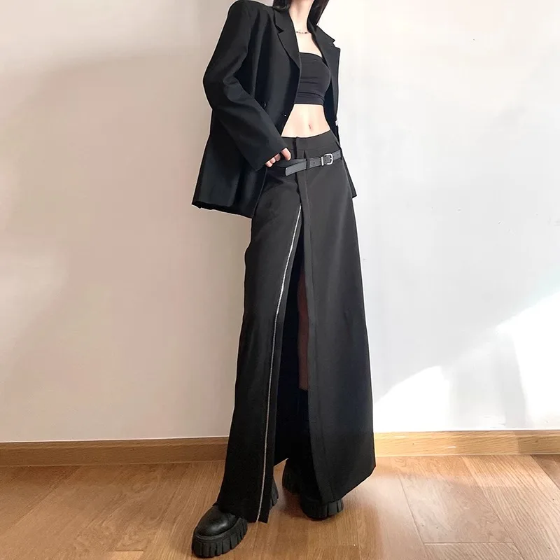 Autumn Kpop Fairycore High Waist Split Solid Causal Women Skirts All Match Skirt Sexy Chic Fashion Elegant Mujer Faldas