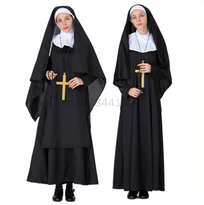 

Nun Sister Habit Costume Halloween Women's Christian Missionary Catholic Cosplay Carnival Fantasia Fancy Dress Balck Long Dress