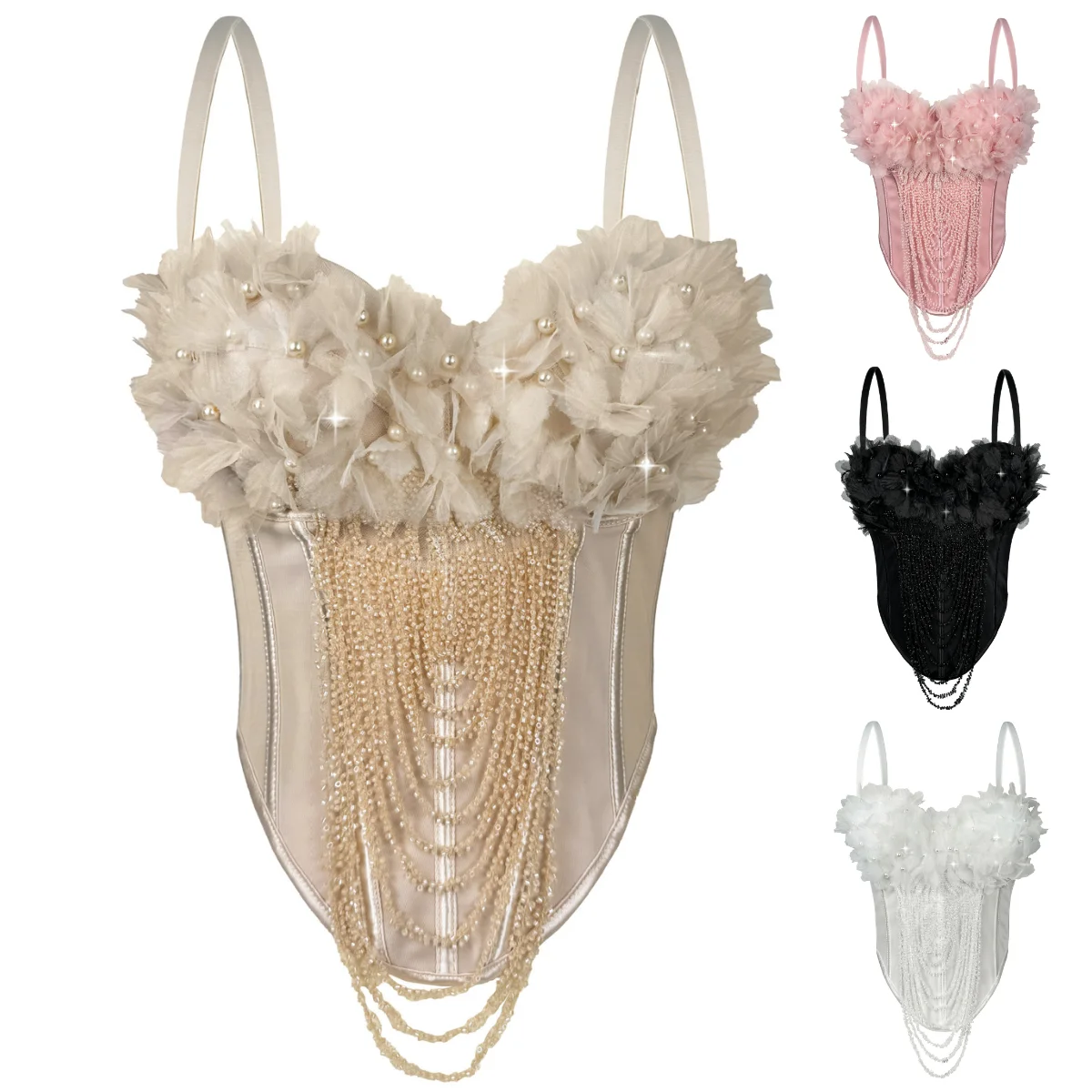 

Flower Corset Handcrafted Fringed Fishbone Halter Top Women Bra Sexy Underwear Fashion Party Rave Bustier Summer Sleeveless Vest