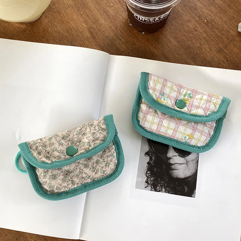 Multifunctional Headphone Key Storage Bags Striped Plaid Canvas Card Holder Portable Hasp Coin Purse ID Credit Card Bags Cover