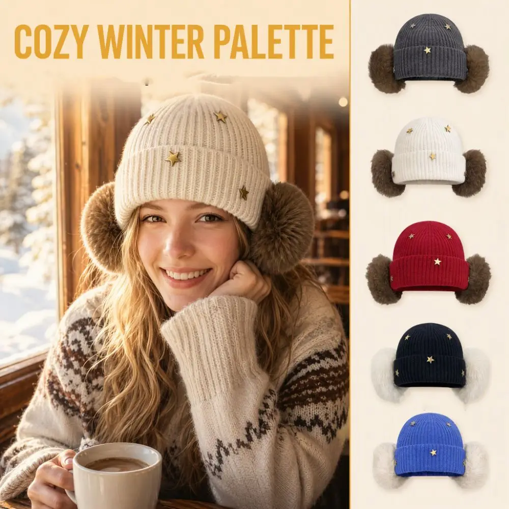 Fashionable Windproof Star Knitted Beanie Hat Knit Cuffed Design Women Warm Beanie Warmth Korean Style Windproof Cap Winter