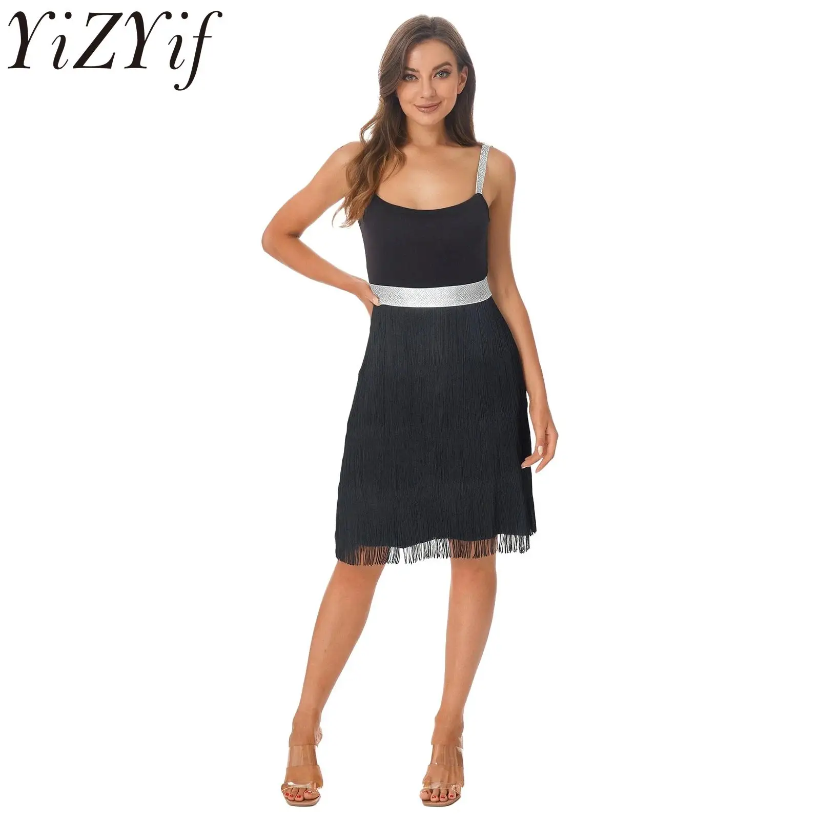 

Women Disco Tassel Sling Bodycon Dress High Waist A-line Sleeveless Mini Dress for Latin Chacha Ballroom Party Cocktails Club