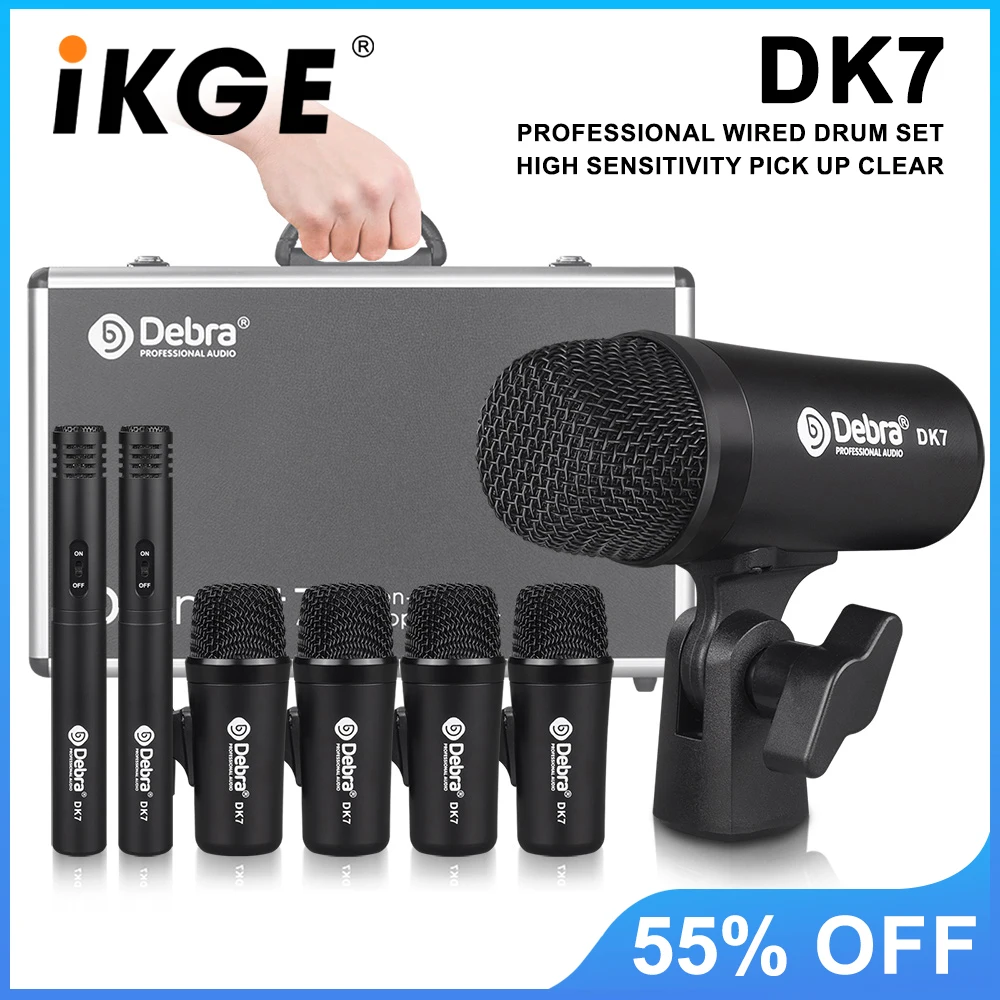 مجموعة ميكروفون الطبل DK7 Pro (جميع المعدن)، مجموعة ميكروفون Bass/Snare and Cymbal مع حامل ذراع مشبك، مجموعة ميكروفون طبلة ديناميكية سلكية