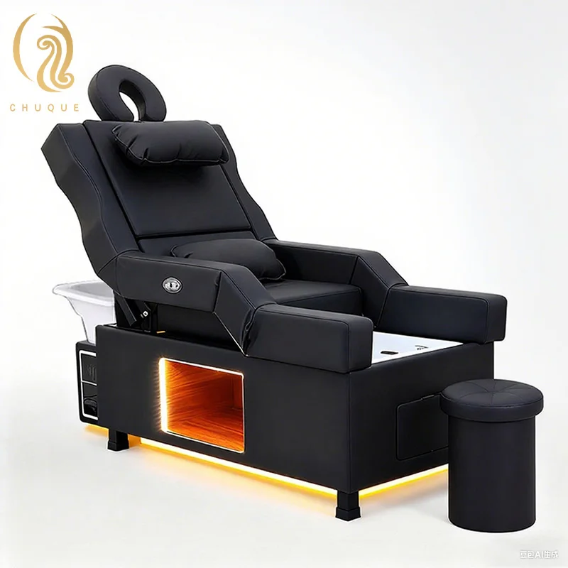 Multifunctional Genuine Leather Modern Foldable Spa Bed Electric Motors Built-In Headrest for Salon Hair Washing Pedicure Head