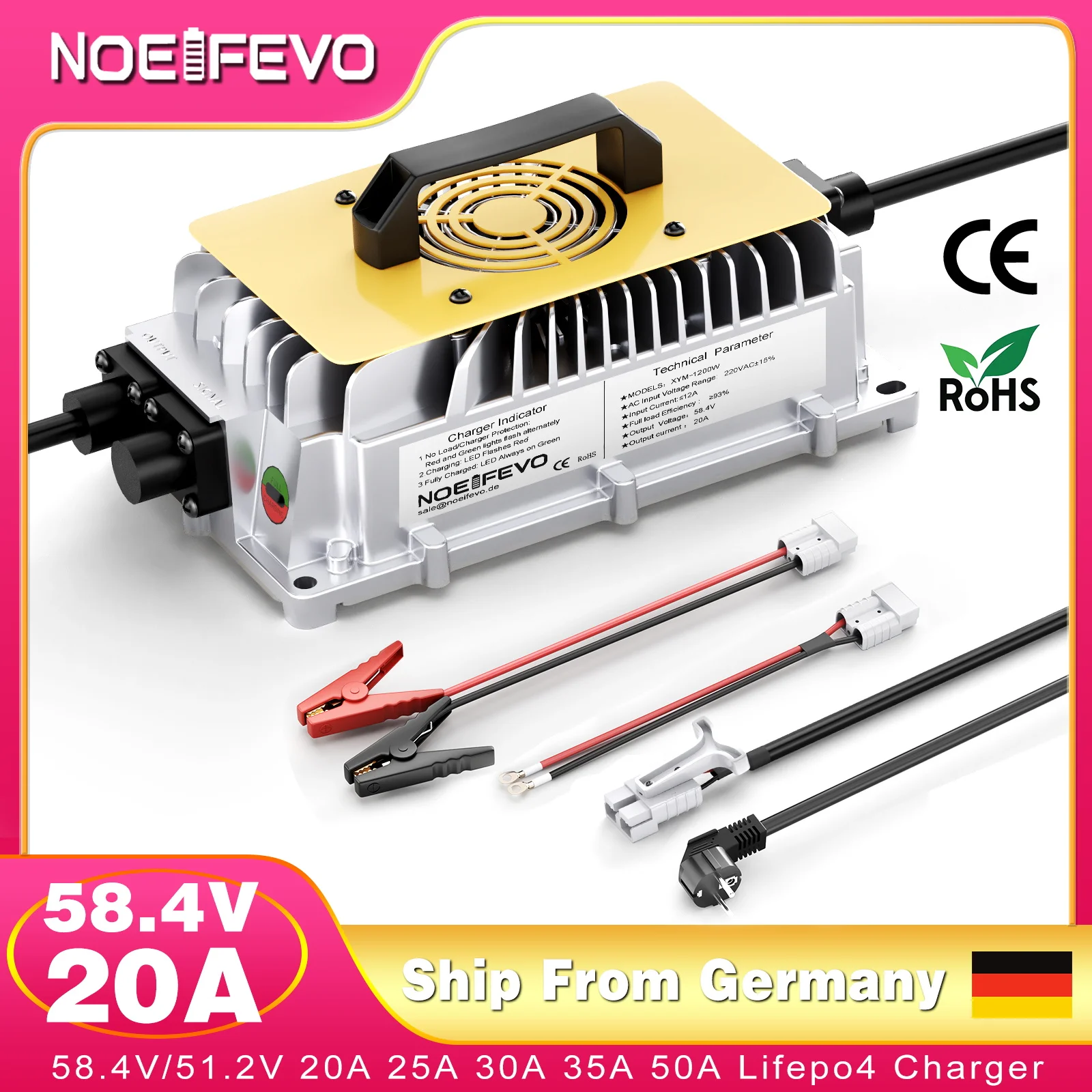 NOEIFEVO 48V (51,2V) 30A Lithium LiFePO4 Batterieladegerät, IP67 Wasserdicht, 0V BMS Aktiviert, 58,4V Schnellladegerät für 16S Batterie