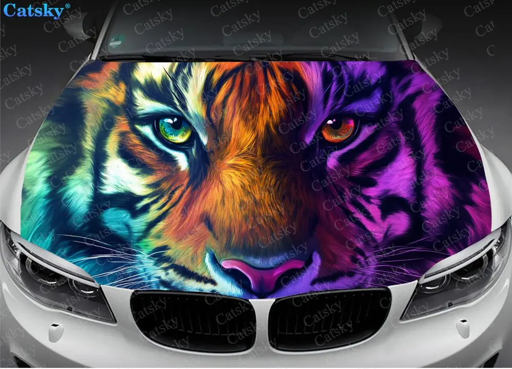 Animal Rainbow Tiger Print Car Hood Wrap Color Vinyl Sticker Truck Graphic Bonnet Custom Auto Accessories Decoration Decal Gift