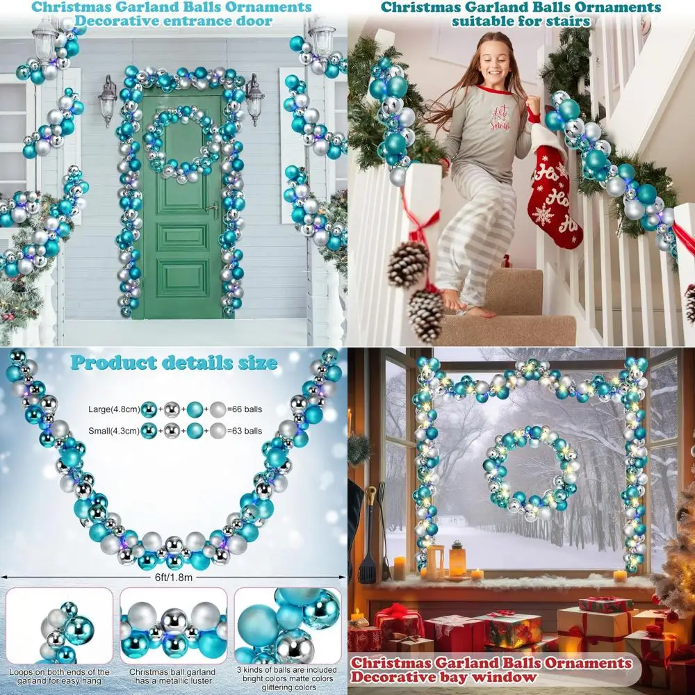 

Christmas Garland with 2pcs 6ft Hanging Ornaments and 10ft LED Lights, Blue and Silver for Indoor Outdoor Tree Mantel Wedding De