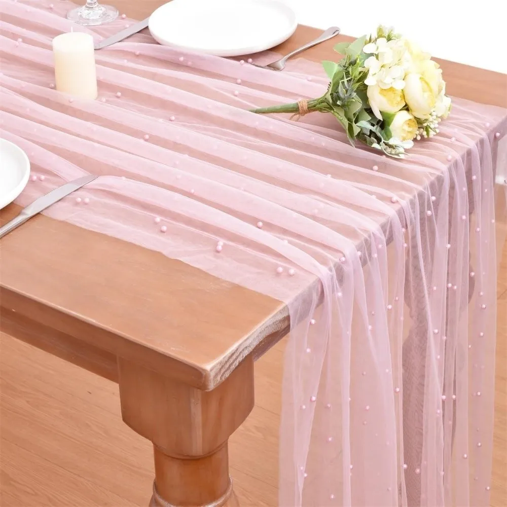 0.75*3 Meters Table Flag Semi Transparent Pearl Tulle Table Runner Gauze Mesh Sheer Drapes Wedding Arch Drapes Dining Decoration