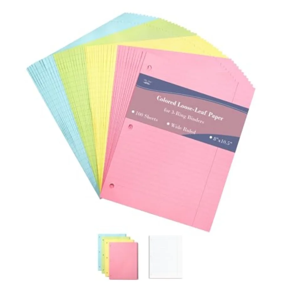 

Mr. Pen- Colored Loose Leaf Paper Wide Ruled, 100 Sheets, 8" x 10.5", 3- Hole Punched, Notebook Paper
