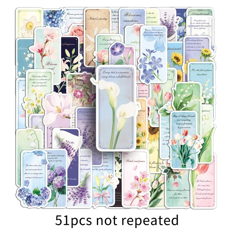 51pcs/set Aesthetic Floral Student Bookmark Sticker Retro European Words Sentence Book Tab Style Sticker Student Supplies