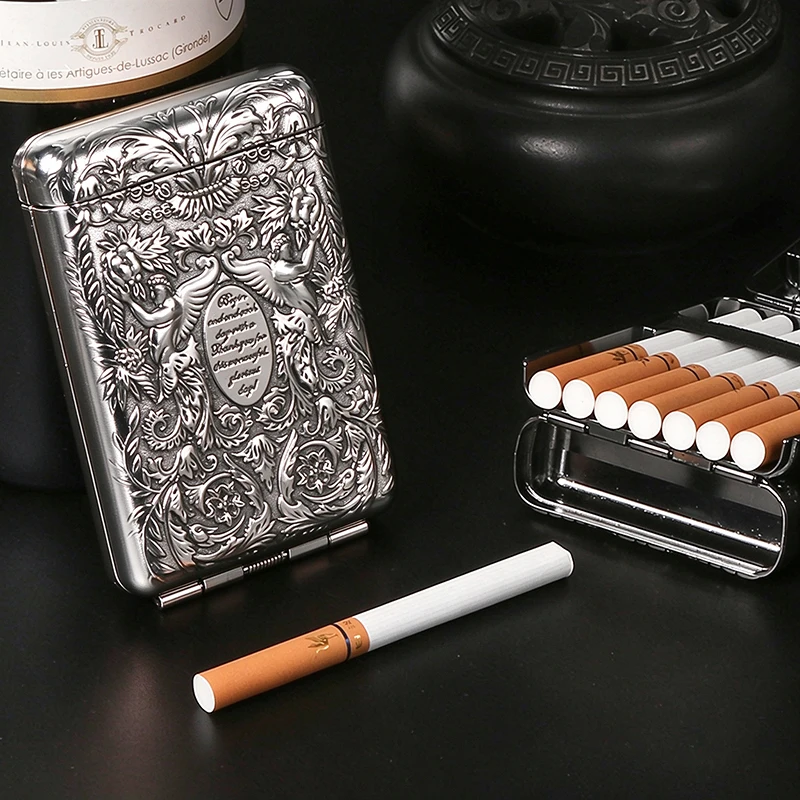Antique Silver Cigarette Case, Classic Angel Carved Metal Cigarette Holder, Elegant Portable Gift for Men Whiskey Bar Smokers