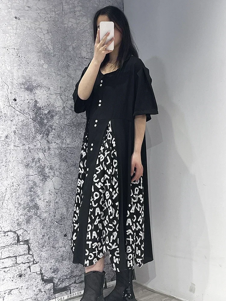 XITAO Loose Casual T-shirt Dress Contrast Color Letter Print Splicing Hem 2025 Summer New Simplicity O-neck Women GJ0007