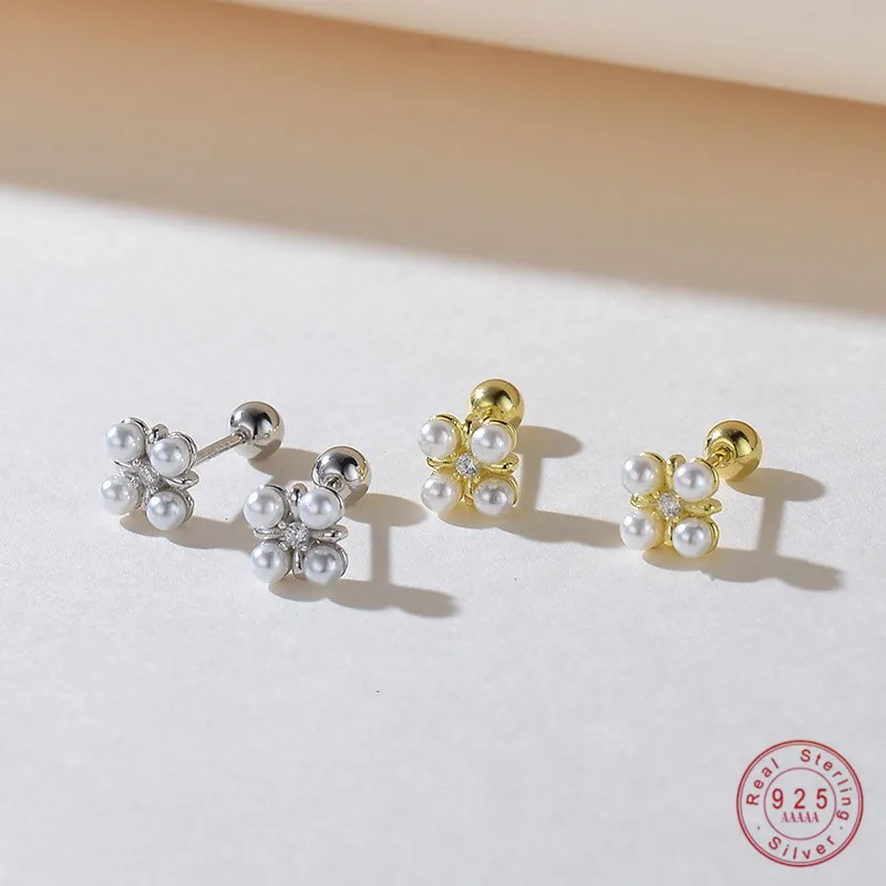 925 Sterling Silver sederhana mutiara zirkon bunga anting Stud untuk wanita Perancis Vintage temperamen perhiasan