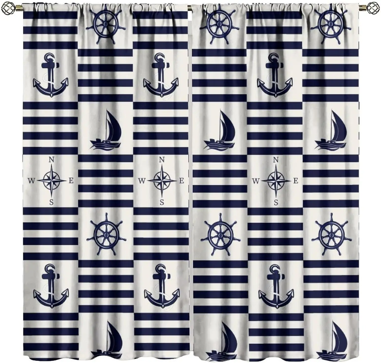 Nautical Anchors Decor Window Curtain,Rigging Compass Anchor Yacht Striped for Home Kitchen Livingroom Coffee Room Window Drapes