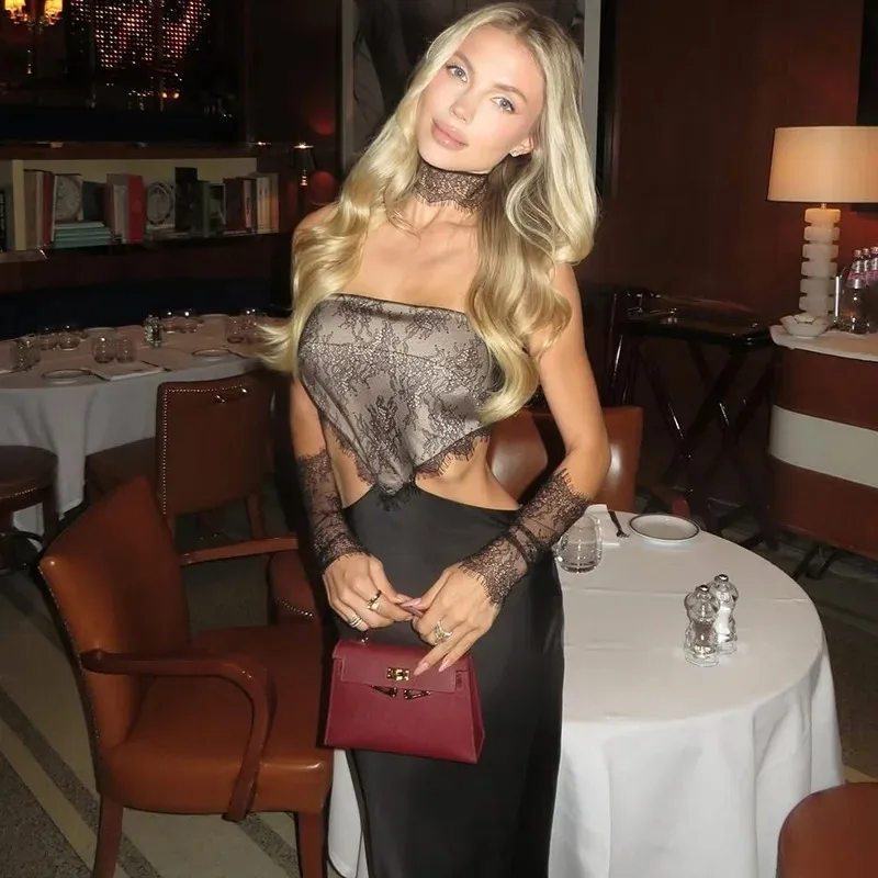 Talenza Luxury Evening Dress Set Women Sexy Lace Patchwork Ribbon Sleeve Dress Set Elegant Backless Vintage Female Y2k Dress Set