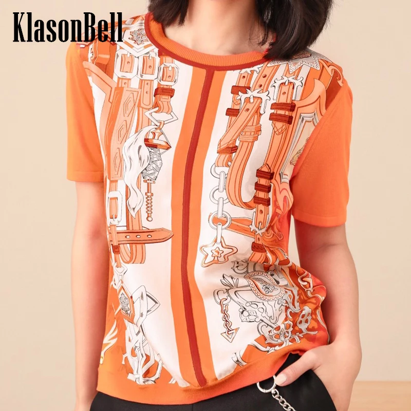 

3.16 KlasonBell Women Clothes Fashion Elegant Geometric Pattern Silk Spliced Cotton Knit Short Sleeve Pullover T-Shirt