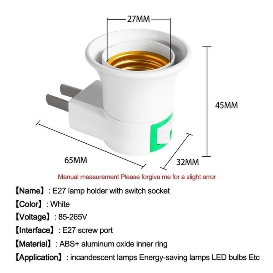 Tomada de luz LED com interruptor no botão desligado, suporte da lâmpada, adaptador da lâmpada, conversor, plugue UE, soquete macho, tipo de